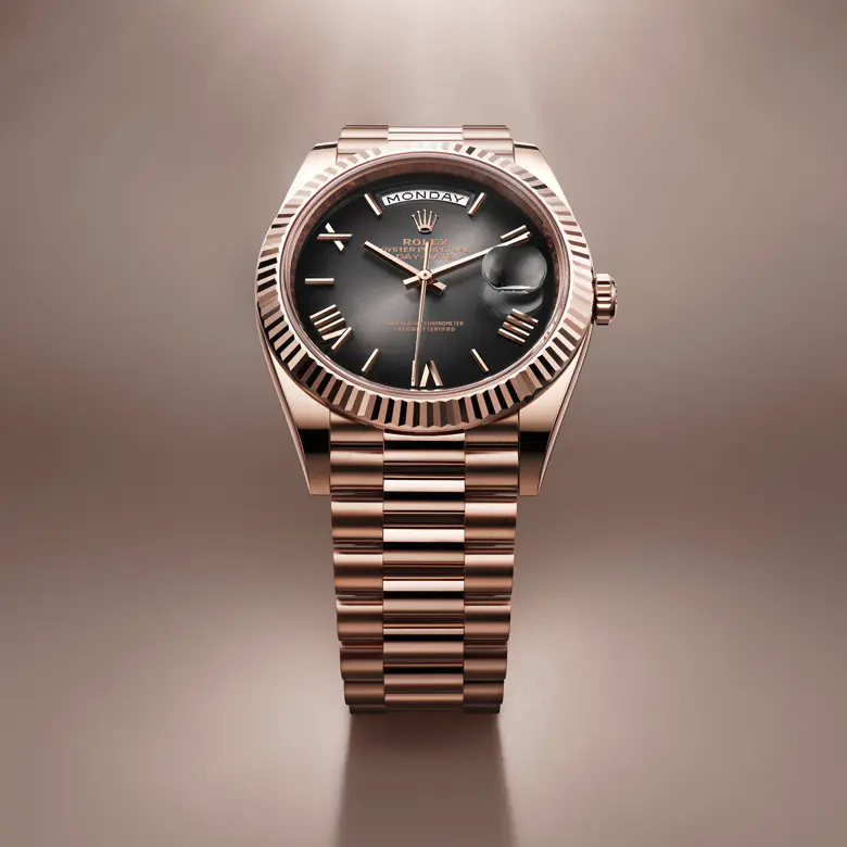 rolex Day-Date    - Il quadrante presenta indici in oro 18 ct con 32 diamanti e numeri romani VI e IX in oro 18 ct con 24 diamanti. È realizzato in avventurina verde, una pietra dalla superficie delicatamente cristallizzata.Il quadrante è il volto di un orologio Rolex, l’elemento che più di ogni altro conferisce a ogni segnatempo un’identità unica, assicurandone al contempo la leggibilità. I quadranti Rolex, dotati di indici in oro per prevenire l’annerimento, sono progettati e prodotti internamente, per lo più a mano, per garantirne l’assoluta perfezione.